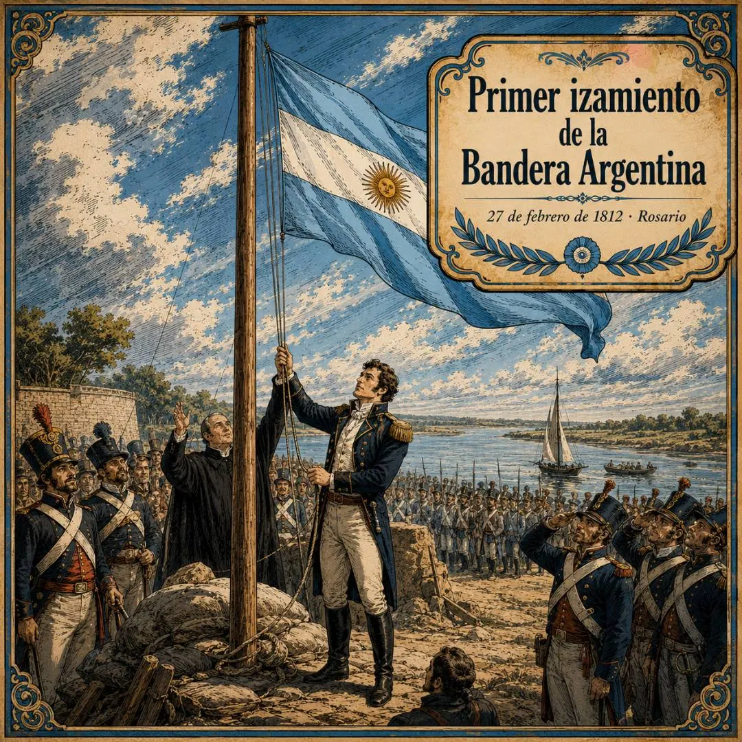 Ilustración del primer izamiento de la bandera argentina: Belgrano iza la celeste y blanca a orillas del Paraná, en Rosario, el 27 de febrero de 1812