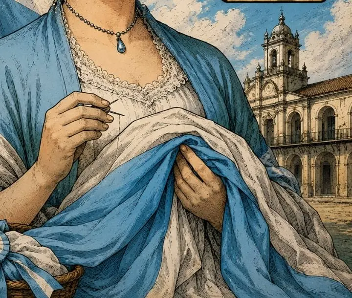 Ilustración de unas manos que cosen a mano una bandera celeste y blanca