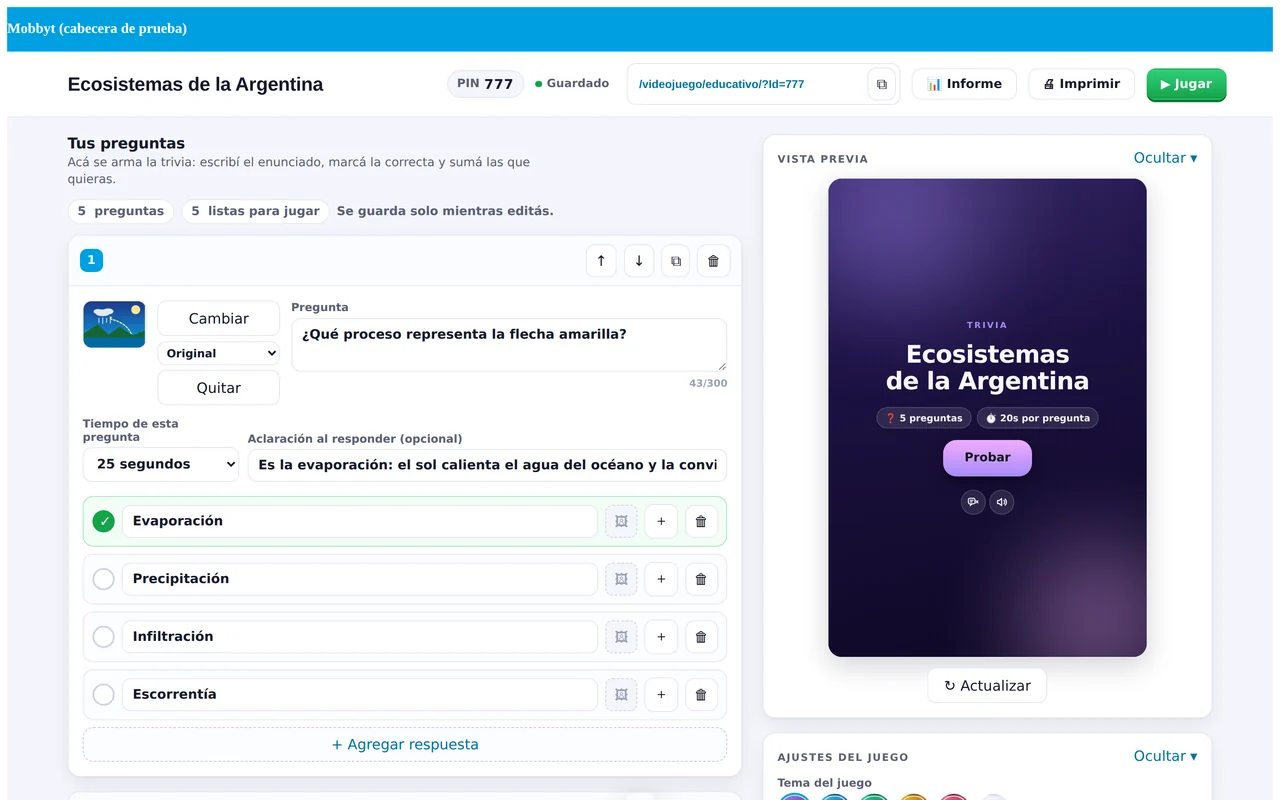 El editor completo: la lista de preguntas a la izquierda, la vista previa en vivo y los ajustes a la derecha.