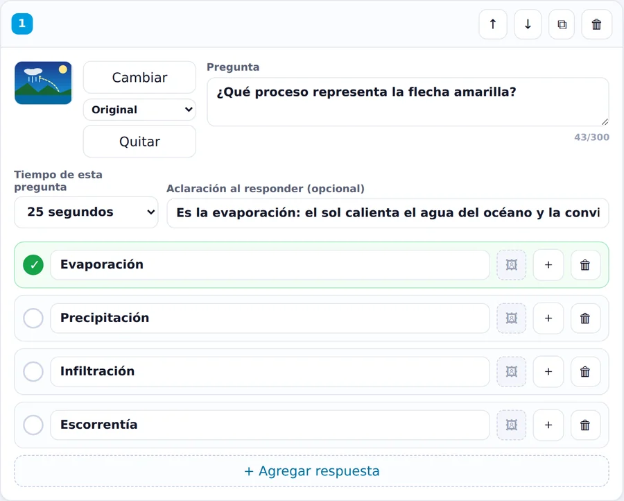 Tarjeta de una pregunta en el editor, con la imagen, el enunciado y las cuatro opciones.