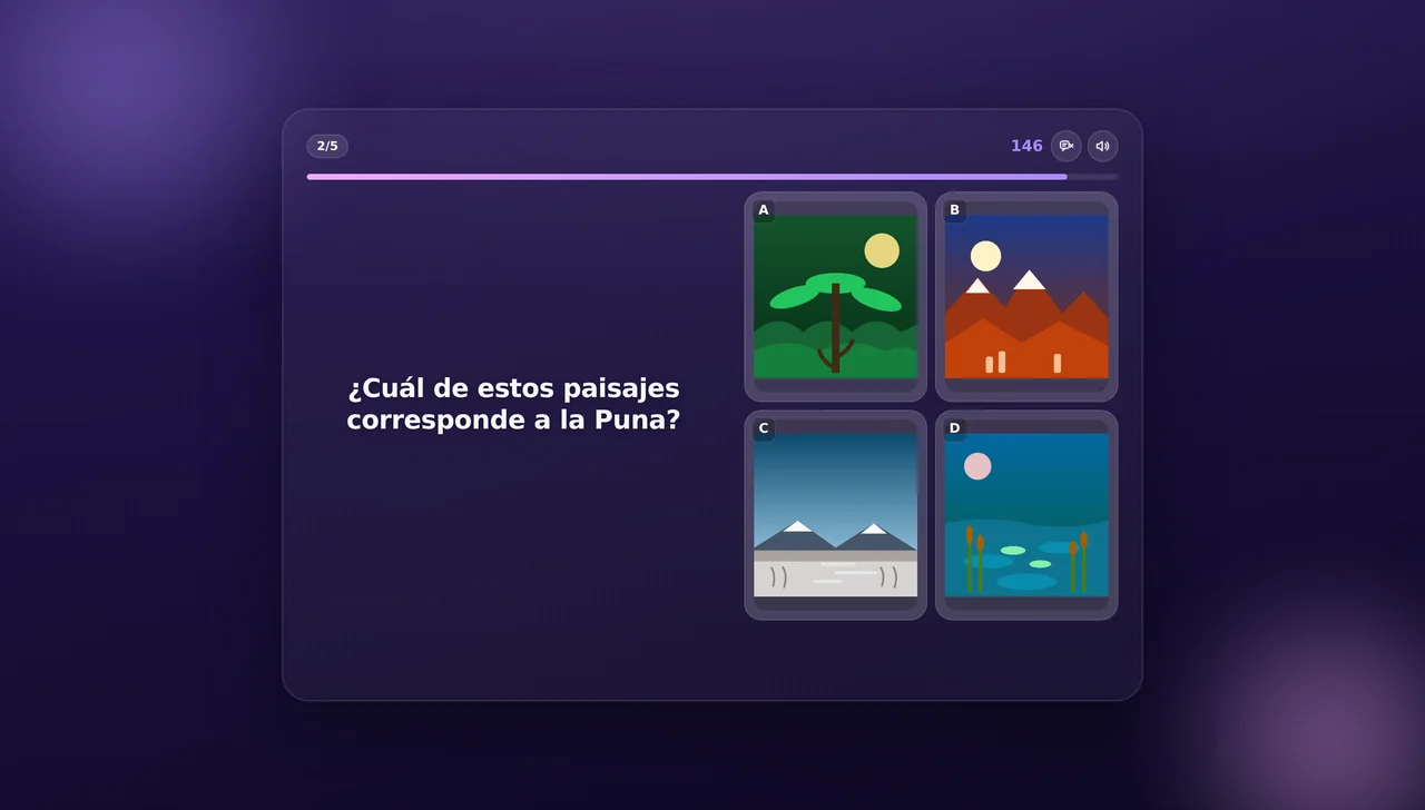 Pregunta «¿Cuál de estos paisajes corresponde a la Puna?» con cuatro ilustraciones como opciones y ninguna palabra.