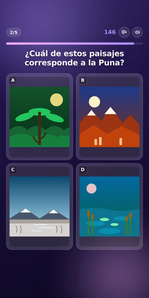 La misma trivia en un celular, con cuatro paisajes como opciones.