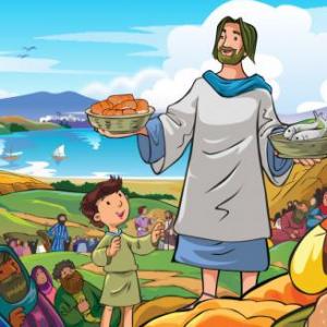 Imagen de portada del videojuego educativo: LA MULTIPLICACIÓN DE LOS PANES Y LOS PECES, de la temática Religión