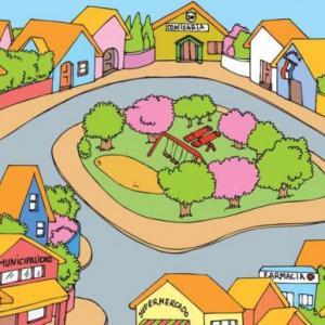 Imagen de portada del videojuego educativo: ¿En el pueblo o en la ciudad?, de la temática Sociales
