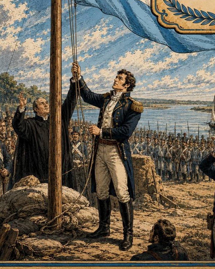 Belgrano izando por primera vez la bandera argentina en Rosario, 1812