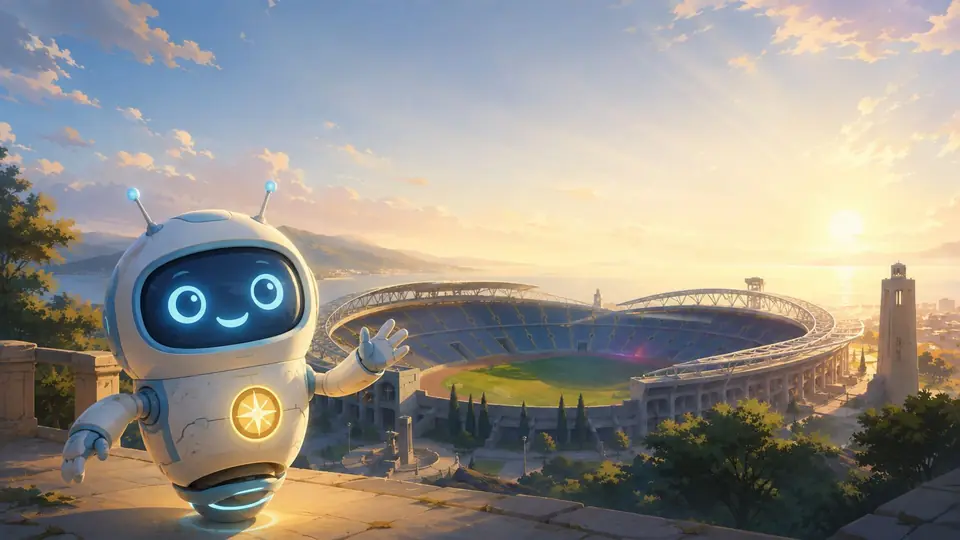 Robby saluda frente a un estadio al atardecer
