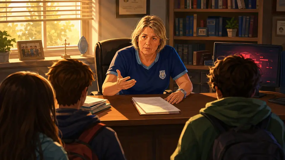 La directora del colegio explica la misión a un grupo de estudiantes en su oficina