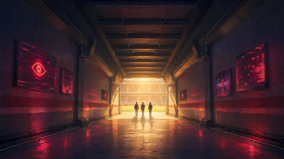 Tres estudiantes avanzan por el túnel del estadio, iluminado de rojo por las pantallas de A.N.T.I.