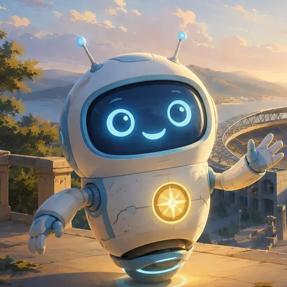 Robby, un pequeño robot blanco y amistoso de ojos celestes, saludando frente al estadio